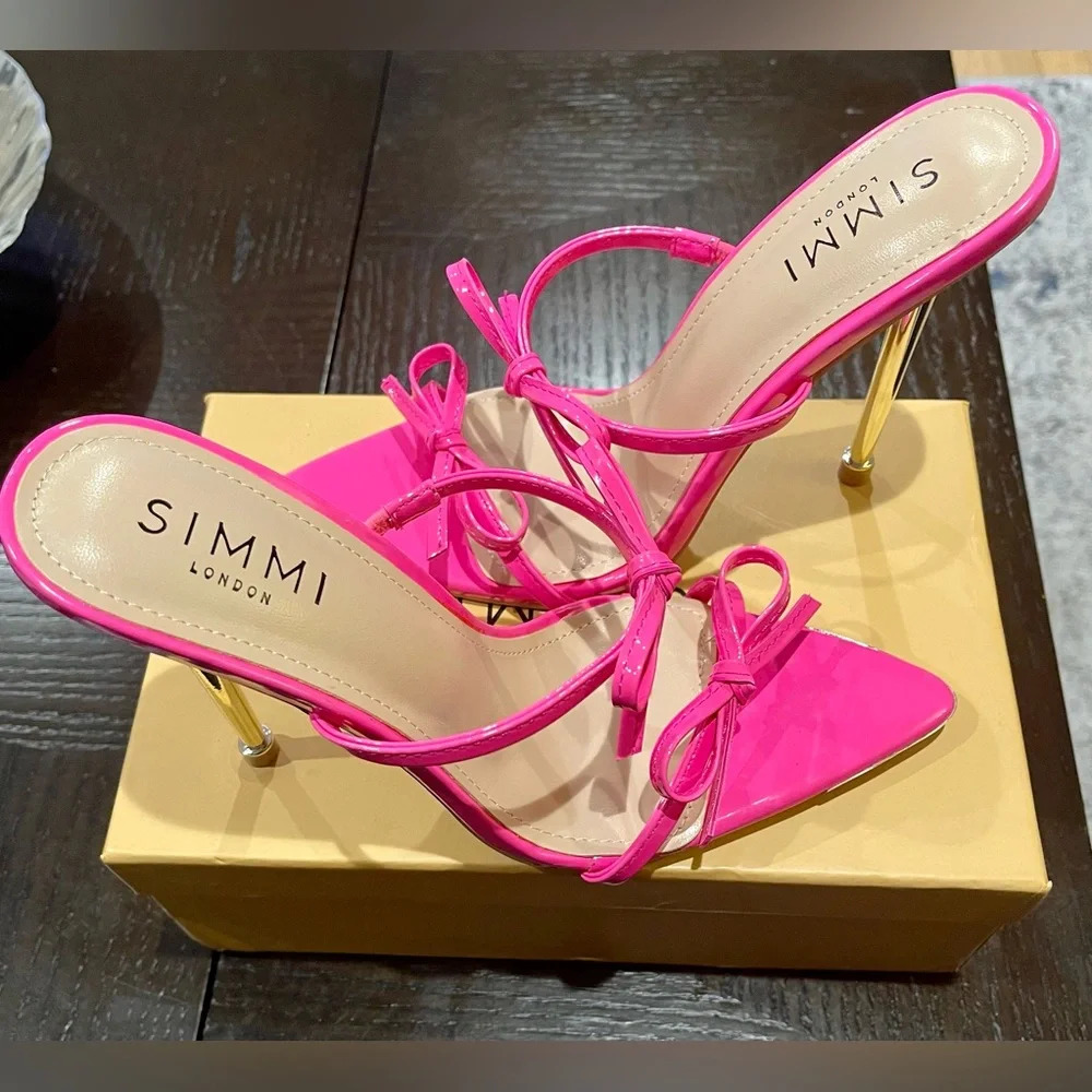 SIMMI High Heels Bowknot Neon Pink Patent Sandals Stiletto Mules Shoe Size 8. - Picture 4 of 8